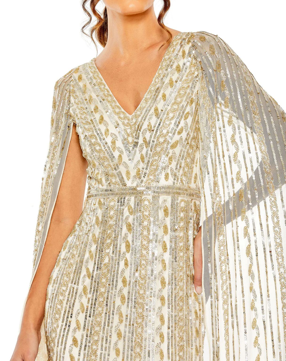 Long Sequined V Neck Cape Sleeve Dress Sequined V Neck Cape Sleeve Mac Duggal 5915