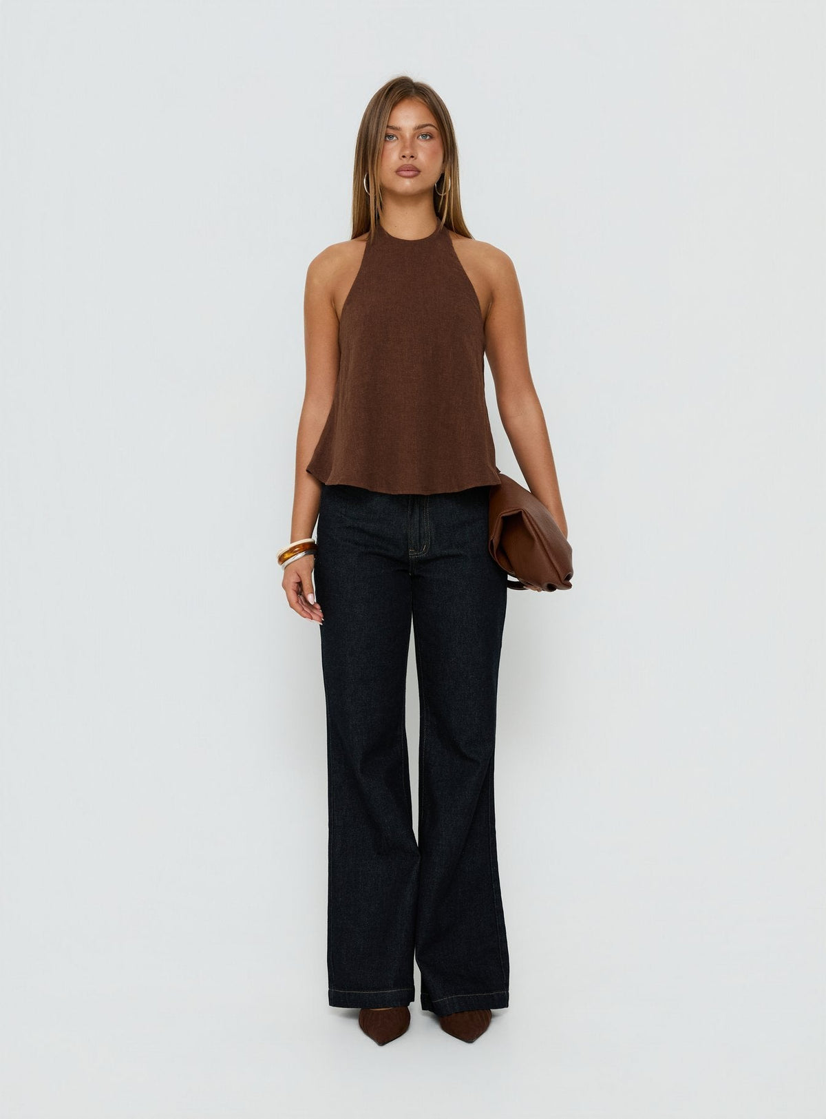 Aquaria Halter Linen Blend Top Chocolate