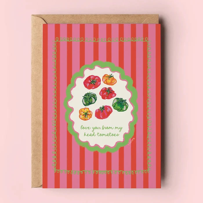 punny greeting card
tomato love card
cute food-themed card
Valentine’s Day card for foodie
gouache art card
Lauren Shelley artwork
funny anniversary card
blank card with envelope
