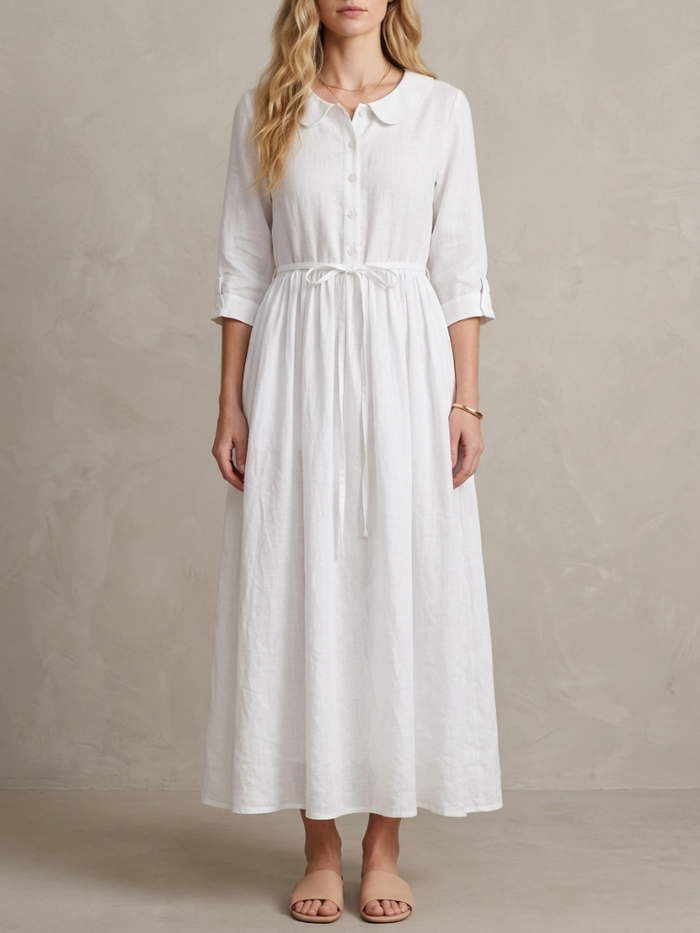 Marguerite · Blue Midi Dress with Peter Pan Collar and Adjustable Waist Tie