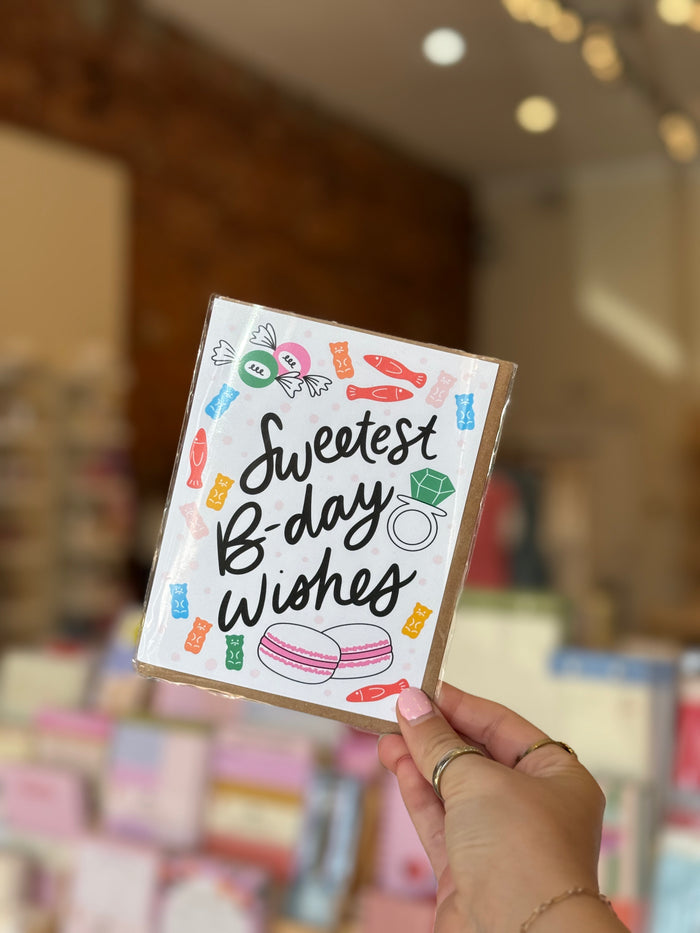 Sweetest Day B-day Wishes card featuring colorful candies and sweets illustration, printed on eco-friendly paper