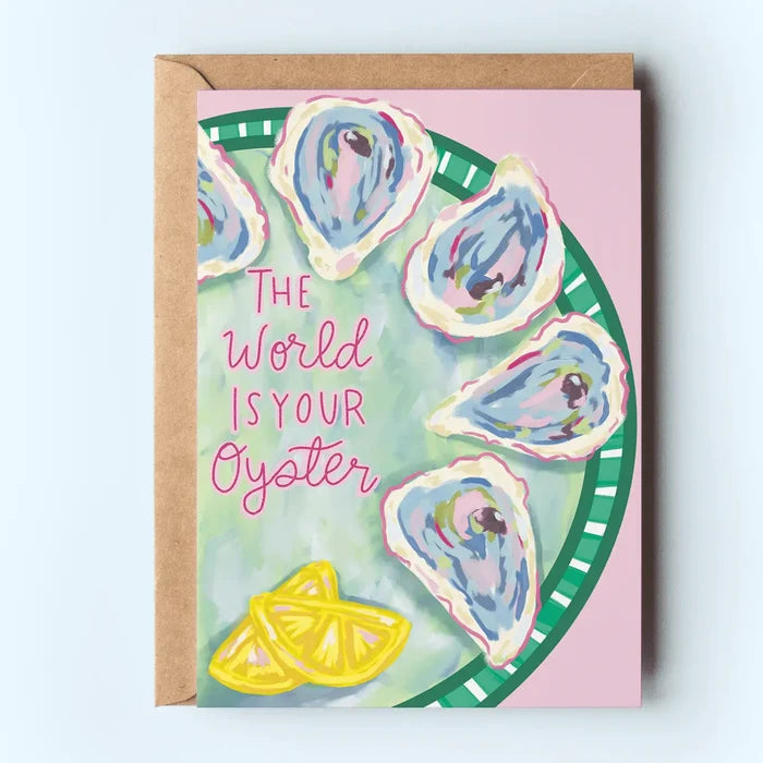 "Oyster Optimism Card" โ Card styled with shells, sea salt, and coastal details
"The World Is Your Oyster Art" โ Close-up of oyster plate illustration on pink background
"Encouragement Card with Coastal Vibes" โ Card paired with envelope on a pastel flat lay