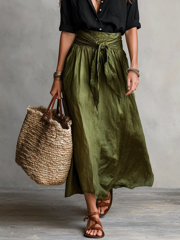 Vera - Two-Piece Set: Black Shirt and Olive Green Midi Skirt