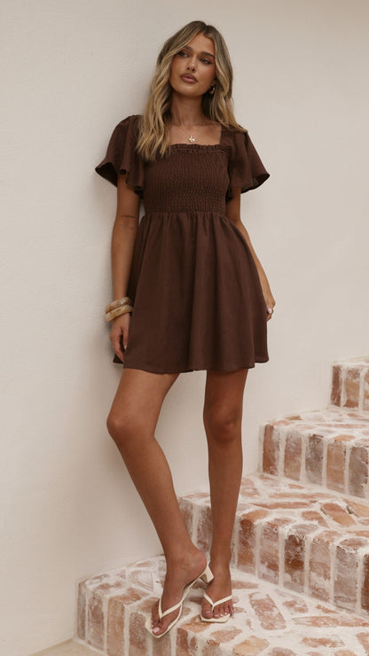 Molly Linen Mini Dress - Chocolate