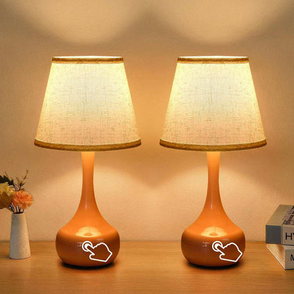 2-piece set of three level dimming small table lamps with fabric shades on wooden surface