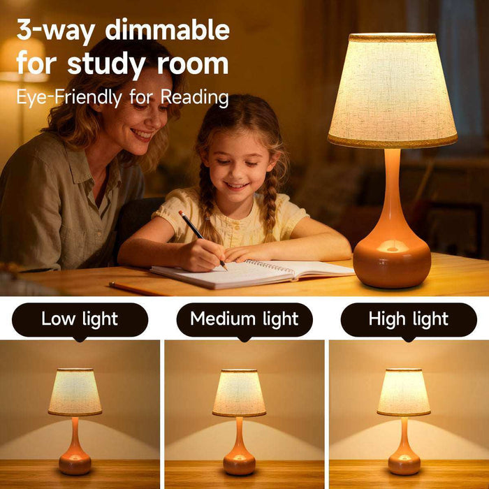 2-piece set of three level dimming small table lamps on bedside table with fabric shades and touch controls
