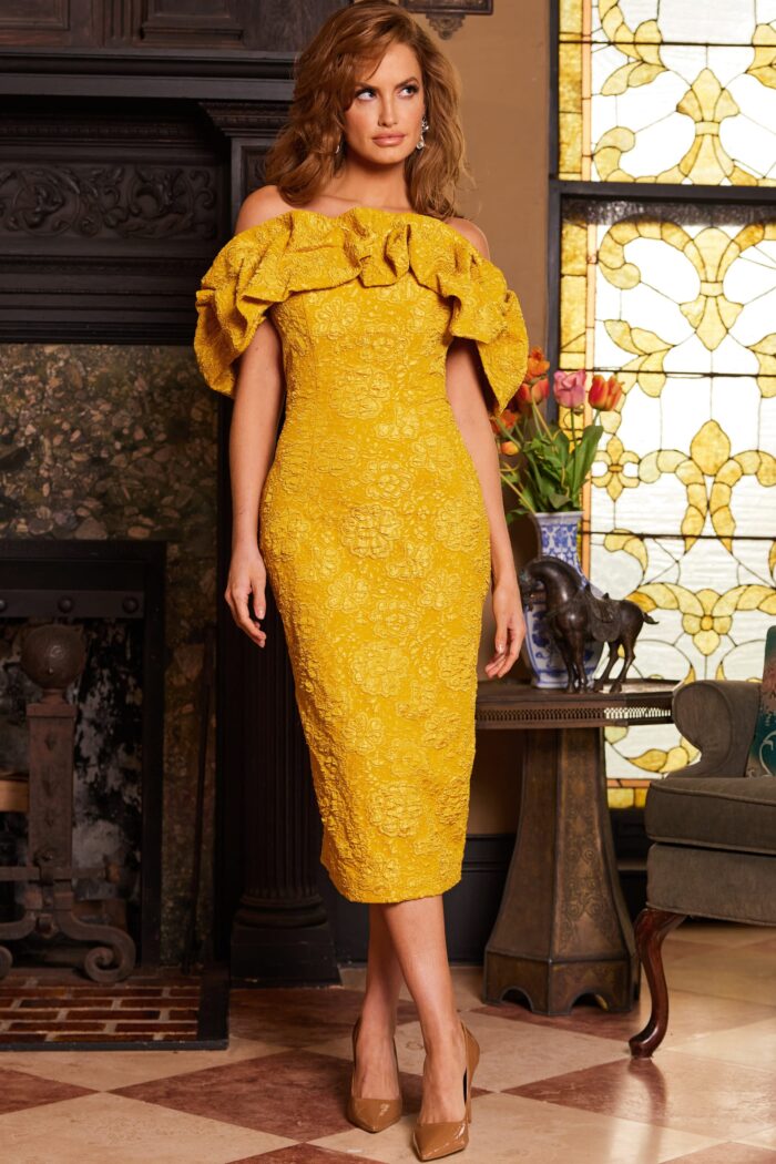 Jovani 23848 Tea Length Ruffle Mustard Formal Dress