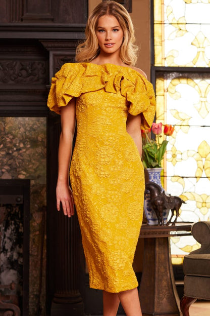 Jovani 23848 Tea Length Ruffle Mustard Formal Dress