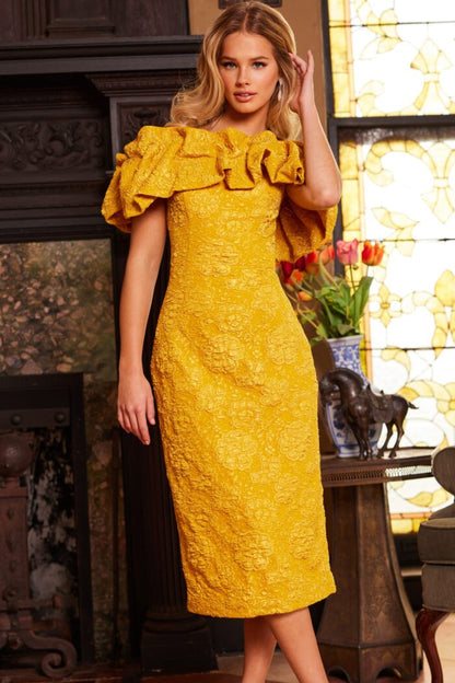 Jovani 23848 Tea Length Ruffle Mustard Formal Dress