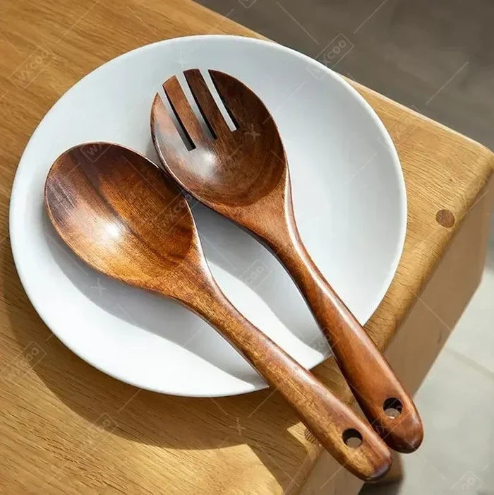 2pcs 10-inch durable acacia wood salad spoons with ergonomic handles and hanging holes for easy storage