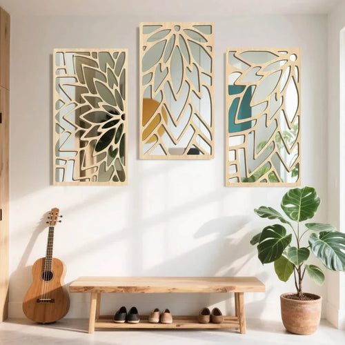 3-piece 16-inch hollow leaf wooden acrylic wall mirror set