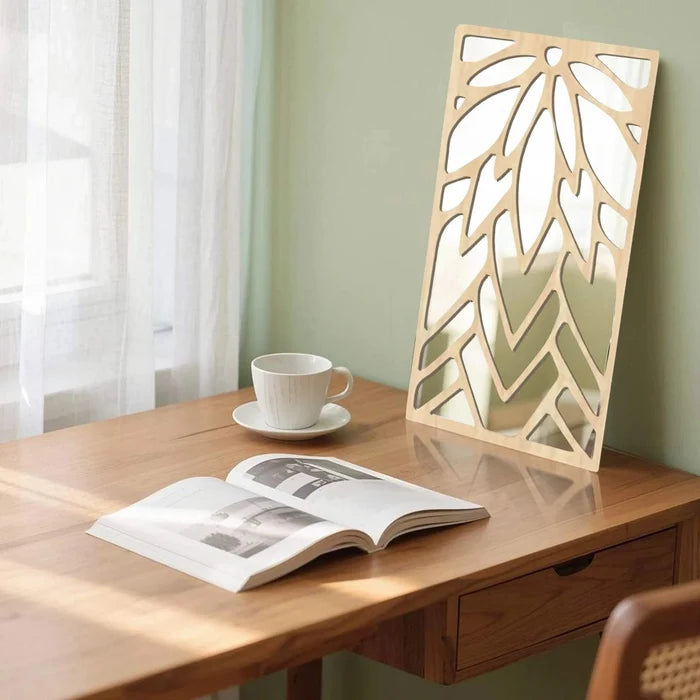 3‑Piece 16" Hollow Leaf Wooden Acrylic Wall Mirror Set