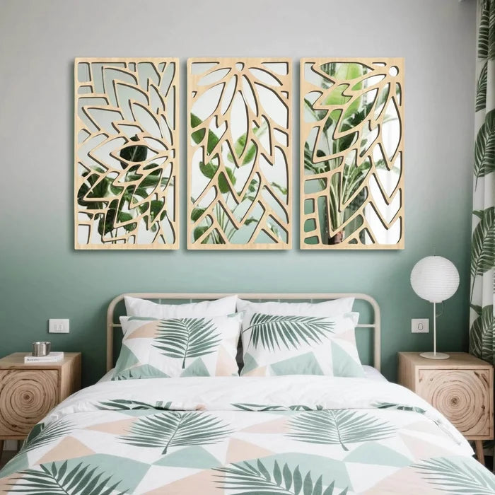 3‑Piece 16" Hollow Leaf Wooden Acrylic Wall Mirror Set