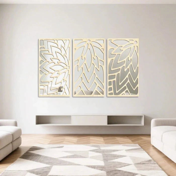 3‑Piece 16" Hollow Leaf Wooden Acrylic Wall Mirror Set