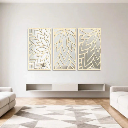 3‑Piece 16" Hollow Leaf Wooden Acrylic Wall Mirror Set