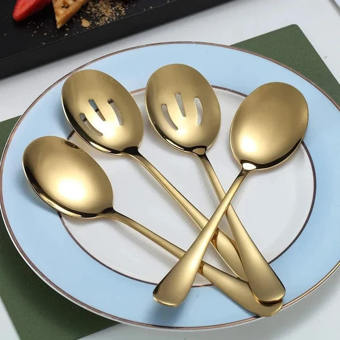 Set of 4 high-quality stainless steel serving spoons with polished shiny surface and smooth rounded edges, perfect for weddings and banquets