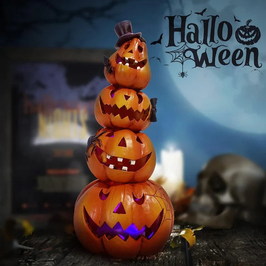 4-Tier Jack-O-Lantern Tower with Black Top Hat, Bats, Spider and Web, Glowing Hand-Painted