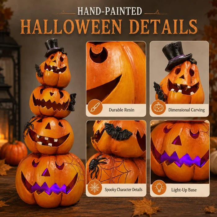 4-Tier Jack-O-Lantern Tower with Black Top Hat, Bats, Spider and Web, Glowing Hand-Painted