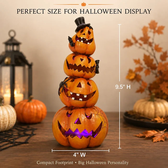 4-Tier Jack-O-Lantern Tower with Black Top Hat, Bats, Spider and Web, Glowing Hand-Painted