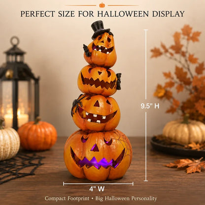 4-Tier Jack-O-Lantern Tower with Black Top Hat, Bats, Spider and Web, Glowing Hand-Painted