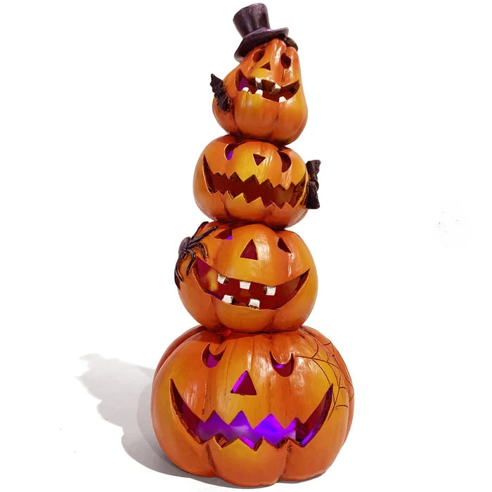 4-Tier Jack-O-Lantern Tower with Black Top Hat, Bats, Spider and Web, Glowing Hand-Painted
