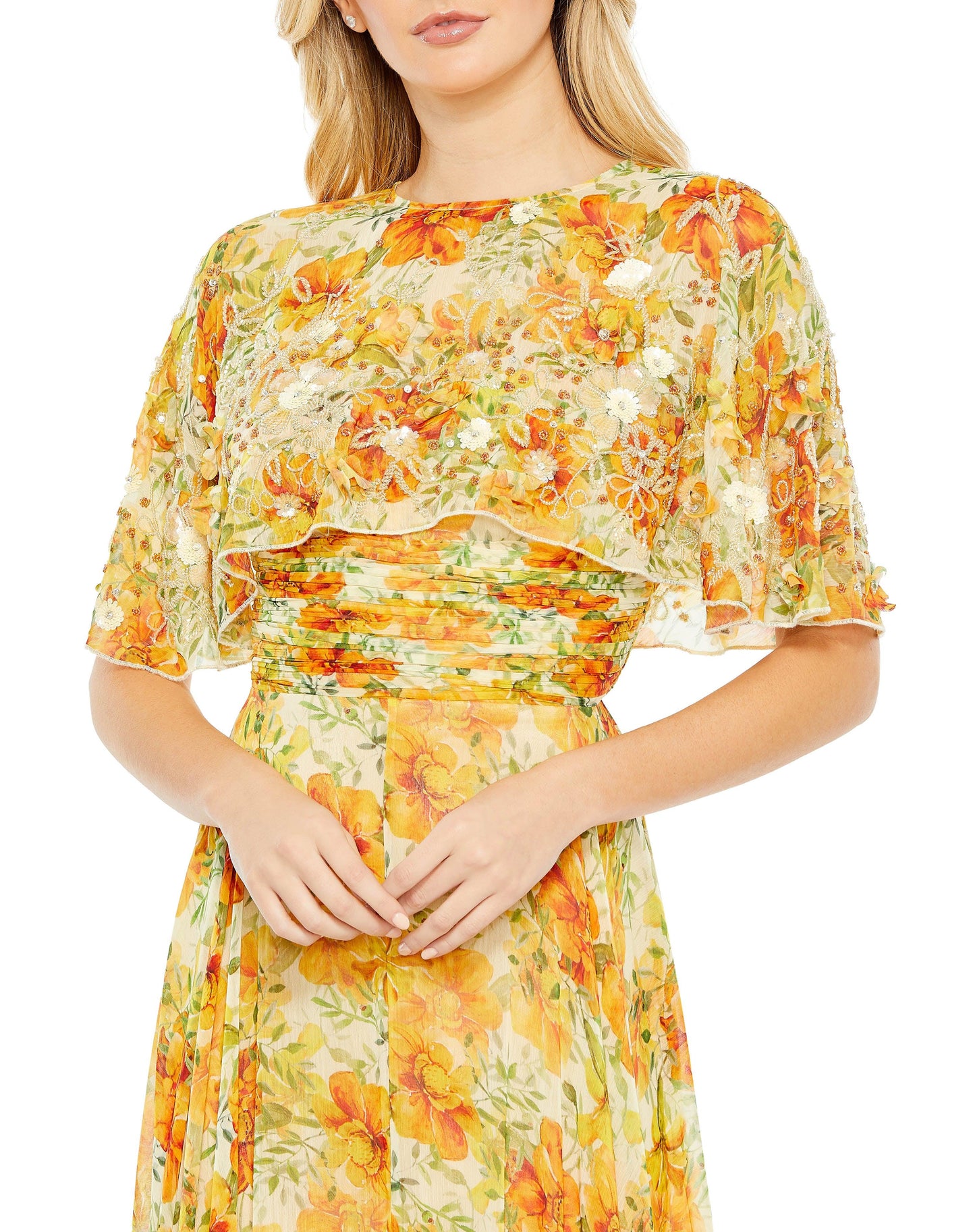 Long Formal Floral Print Cape Sleeve Dress Floral Print & Cape Sleeves Mac Duggal 9201