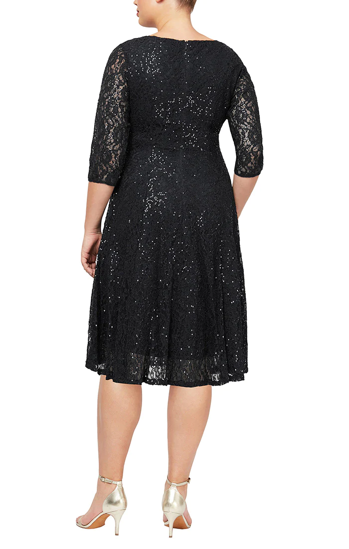 SL Fashions 9419144 Plus Size Sequin Lace Tea Length Dress