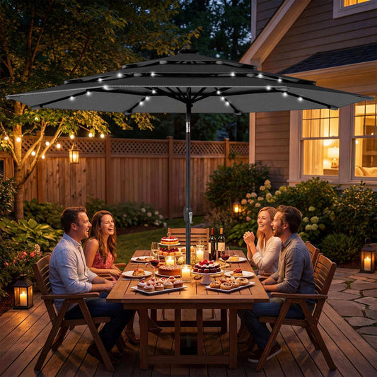 9.7 ft black outdoor patio umbrella with solar LED lights and three-tier vented canopy over outdoor table