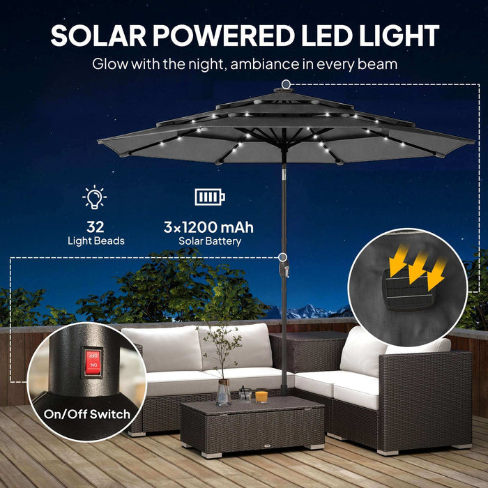 9.7 ft outdoor patio umbrella with solar LED lights and three-tier vented canopy over outdoor table