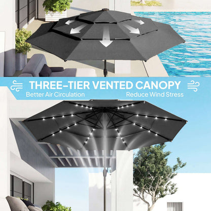 9.7 ft outdoor patio umbrella with solar LED lights and three-tier vented canopy over table