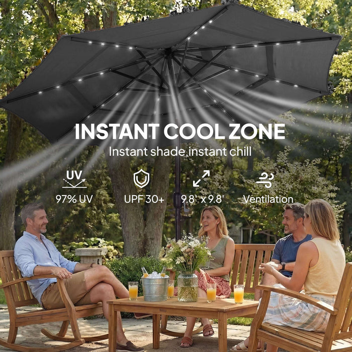 9.7 ft outdoor patio umbrella with solar LED lights and three-tier vented polyester canopy over steel pole