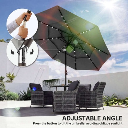 9.7 ft outdoor patio umbrella with solar LED lights and three-tier vented polyester canopy over outdoor table