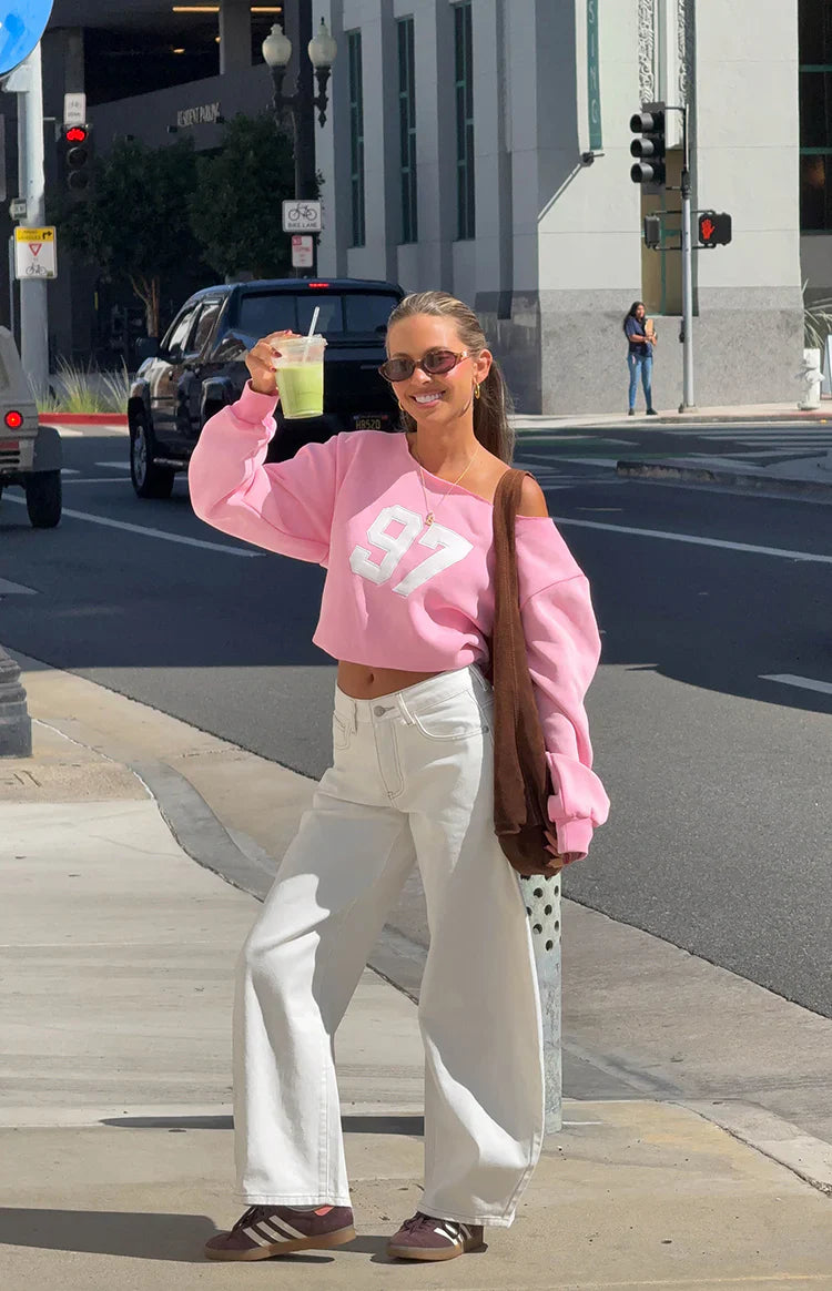 Buffie Pink Wash Off Shoulder Sweater