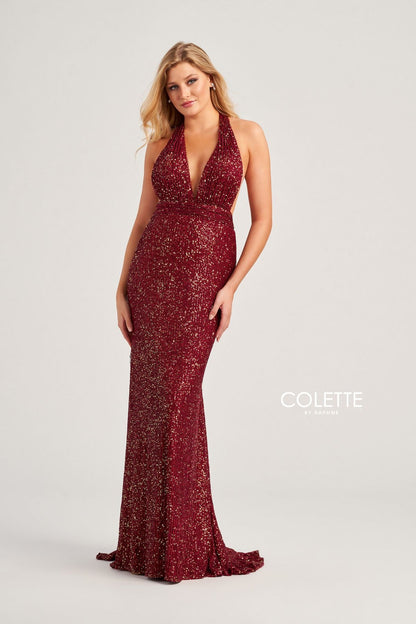 Colette CL5115 Sequin Prom Long Halter Formal Dress