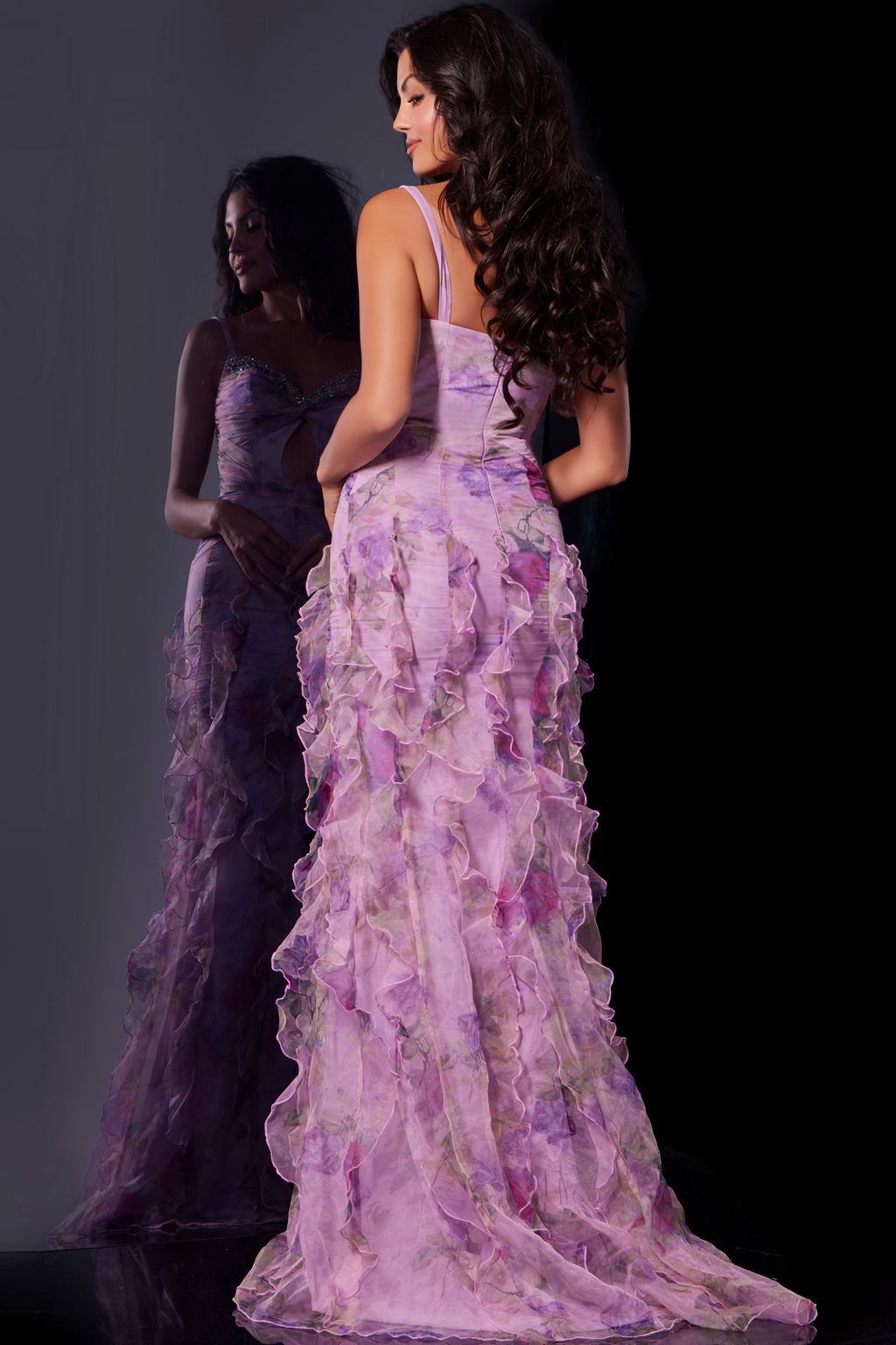 Jovani D5113 Long Beaded Floral Ruffle Prom Dress
