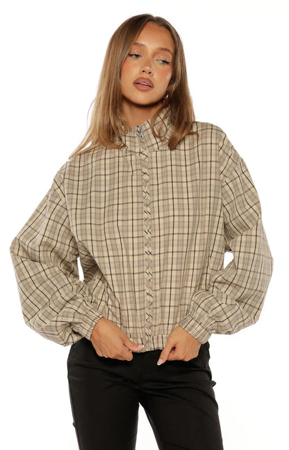 Lee Beige Plaid Funnel Neck Jacket