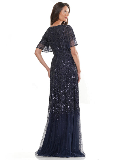 Long Beaded Formal Short Sleeve Dress by Marsoni MV1259