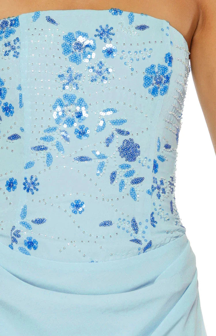 Serenity Blue Strapless Beaded Party Maxi Dress