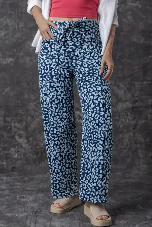 Blue Leopard Print Drawstring Waist Pocketed Wide Leg Jeans