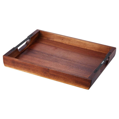 Acacia serving tray with handles made from durable polished acacia wood, measuring 16x12 inches