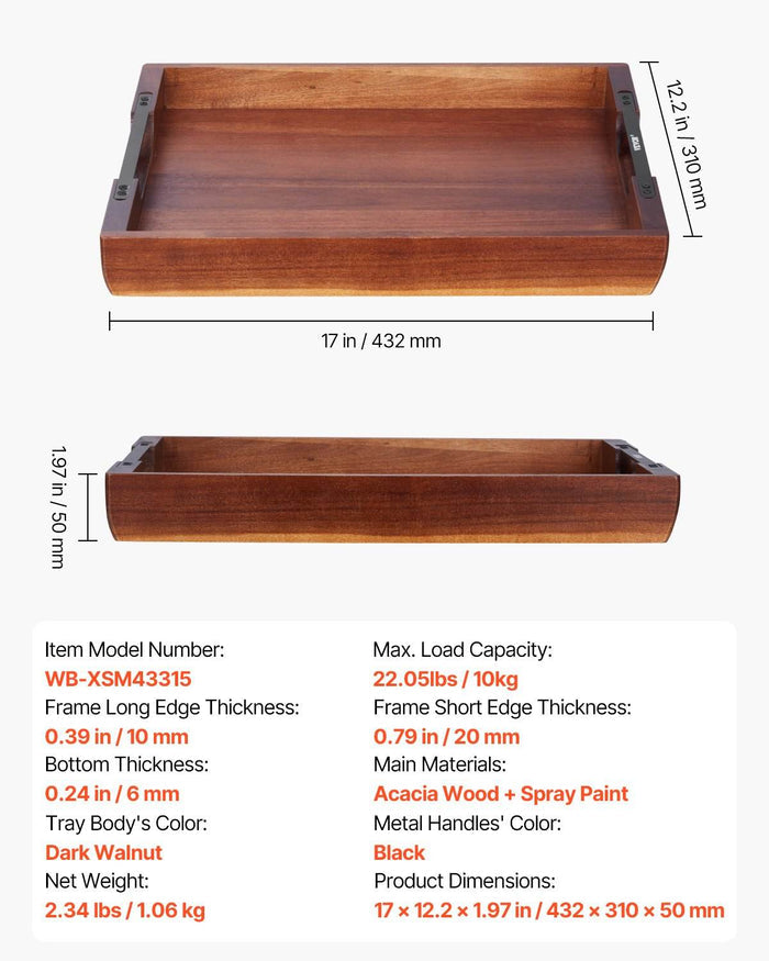 Acacia serving tray with handles made of durable polished acacia wood, 16x12 inch multifunctional serving table