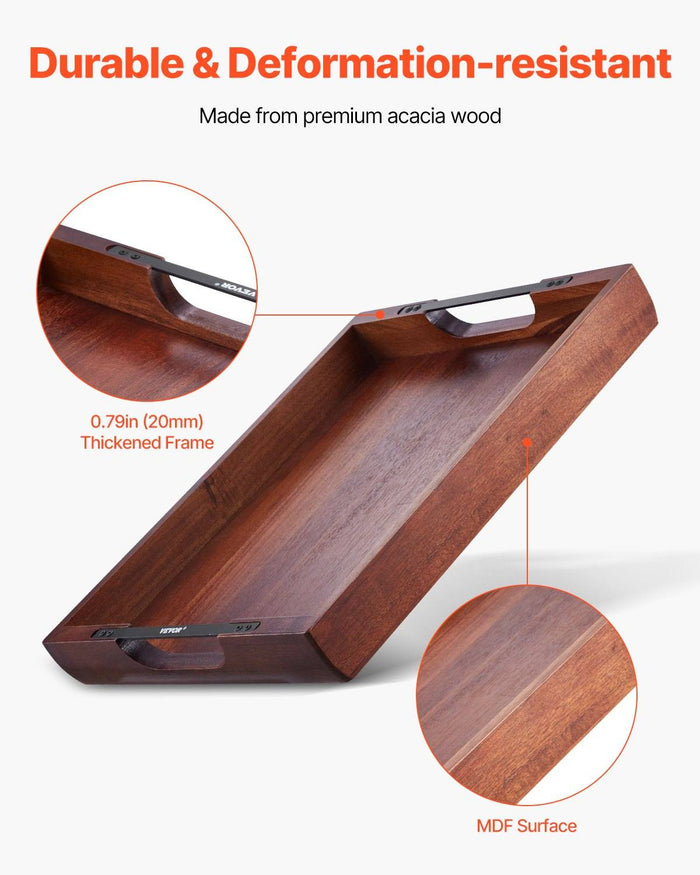 Acacia serving tray made of solid wood with handles for easy carrying and polished finish