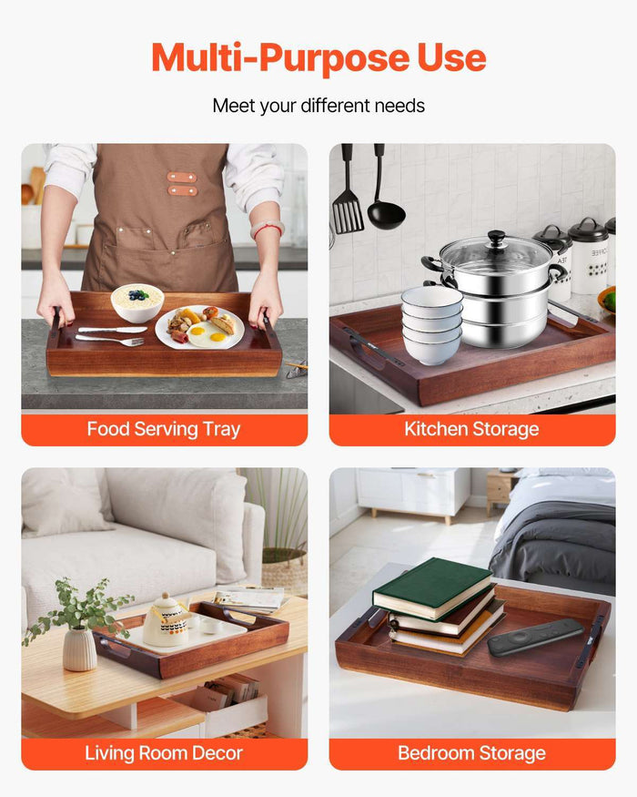 Acacia serving tray with handles made of polished acacia wood, 16x12 inches, durable and lightweight for serving food and drinks