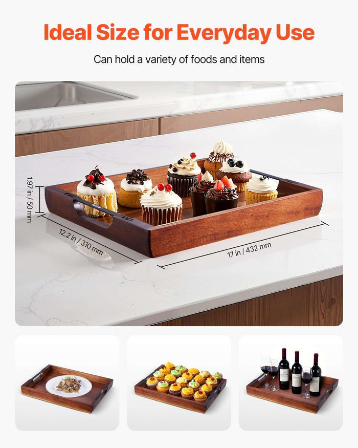 Acacia serving tray with handles made of polished acacia wood, 16x12 inches, durable and multifunctional