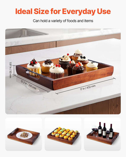Acacia serving tray with handles made of polished acacia wood, 16x12 inches, durable and multifunctional