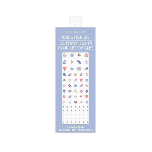 “Coastal Beach Nail Stickers by Studio Oh” – Laid flat with seashells and a sunhat

“Peel & Stick Sea-Themed Nail Art” – Close-up showing seashell and starfish designs