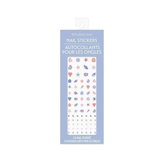 “Coastal Beach Nail Stickers by Studio Oh” – Laid flat with seashells and a sunhat

“Peel & Stick Sea-Themed Nail Art” – Close-up showing seashell and starfish designs