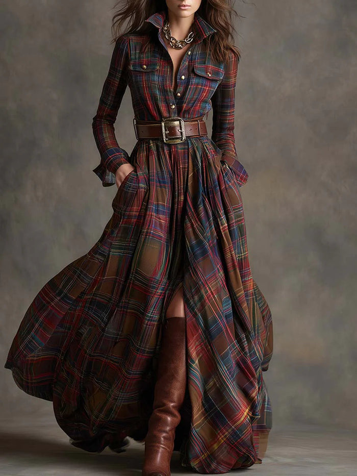 Beatriz · Long Plaid Dress with Belt