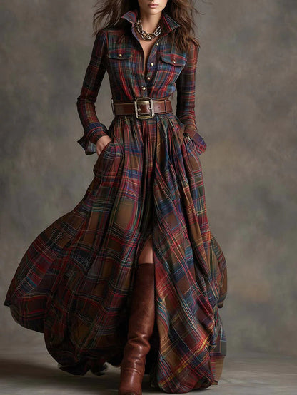 Beatriz · Long Plaid Dress with Belt
