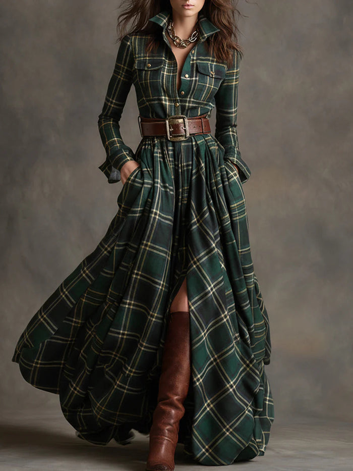 Beatriz · Long Plaid Dress with Belt